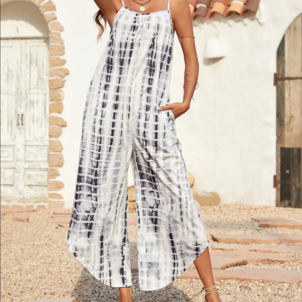 Boho Tie Dye Wide Leg Pants Pocket Jumpsuit - Picture 8 of 12